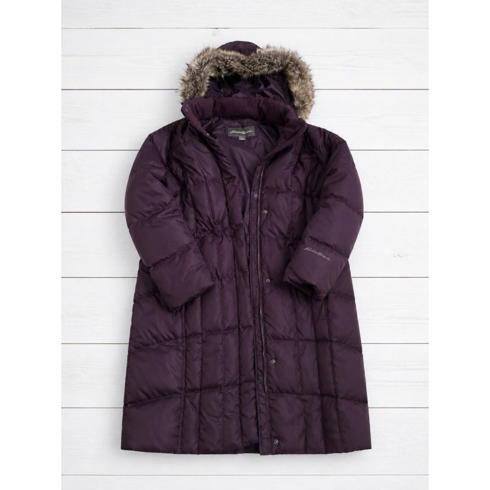 Eddie Bauer Lodge Down Parka XL Purple Long Puffer Coat Faux Fur Hood Trim